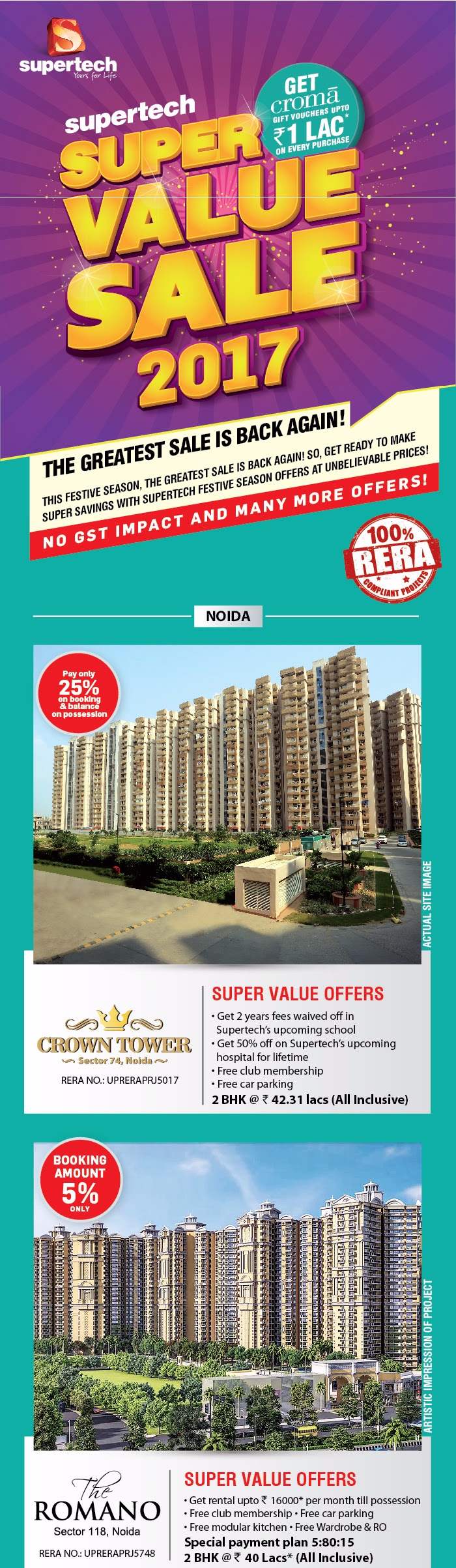Get gift Vouchers up to Rs.1 Lac on every Booking during Super Value Sale Offer on Supertech Projects Update